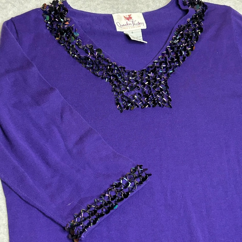 Vintage Quacker Factory Purple sequin Beaded Neckline 3/4 Sleeve Knit Top S 90s‎